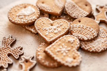 christmas ginger bread cookies, edible christmas tree decoration on white background