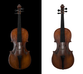 Front view of vintage old violin on black and white background 3d rendering