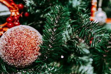 Christmas red ball with silver glow hanging on the Christmas tree branches