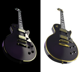 Bottom view of dark purple electro guitar on black and white background 3d rendering