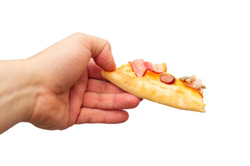 A slice of pizza in a man's hand on a white background. Isolated