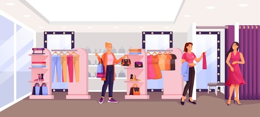 Women in fashion shop trying clothes. Woman in dress in fitting room, assistant helping, young girl looking at clothes. Apparel on hangers. Modern boutique vector illustration