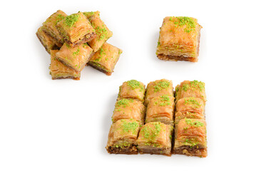 Pistachio baklava on a white background. Dessert.