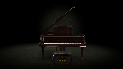 Brown wood colored grand piano under spotlight waiting for pianist  front view 3d rendering