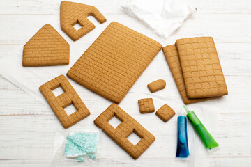 Parts for a gingerbread house. Preparing for the new year, christmas.