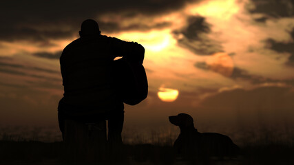 Guitarist sitting in sunset with his dog and playing his guitar view from back 3d rendering