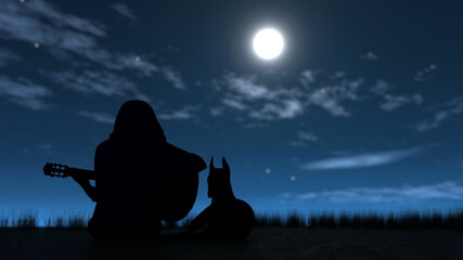 A girl with her dog sitting on the grass floor outdoor under moonlight view from back 3d rendering