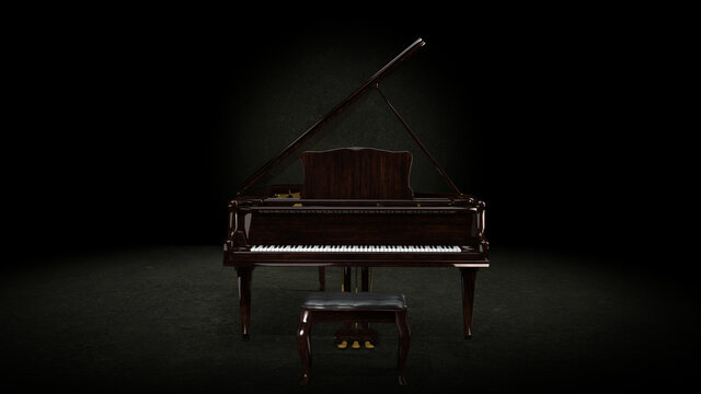 Brown Wood Colored Grand Piano Under Spotlight Waiting For Pianist  Front View 3d Rendering