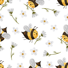 Bee with flower seamless pattern. Honey vector. Cute cartoon yellow bee illustration.
