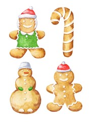 Watercolor Christmas gingerbread cookies. Winter season food watercolour illustration.