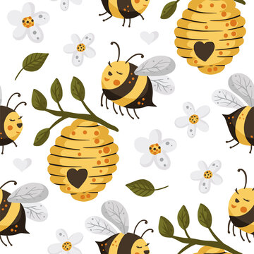 Bee with flower seamless pattern. Honey beehive vector. Cute cartoon yellow bee illustration.