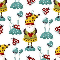 Seamless Gnome Vector pattern. Cute Valentines hand drawn little gnomes illustration. Kid ornate cartoon holiday background with mushroom and ladybug.