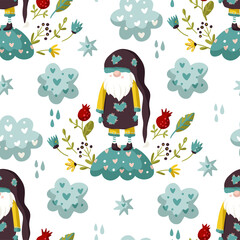 Seamless Gnome Vector pattern. Cute Valentines hand drawn little gnomes illustration with cloud and heart. Kid floral ornate cartoon holiday scandinavian background.