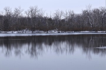 Winter landscape, lake among forest trees, trees are reflected in the water. There is snow on the ground, but the water in the lake is not frozen yet