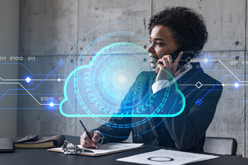 Businesswoman speaks phone and cloud storage technology hologram. Double exposure. Internet server concept.