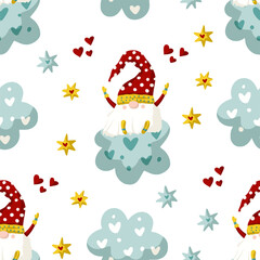 Seamless Gnome Vector pattern. Cute Valentines hand drawn little gnomes illustration with cloud, star and heart. Kid ornate cartoon holiday scandinavian background.