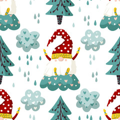 Seamless Gnome Vector pattern. Cute Valentines hand drawn little gnomes illustration with fir tree, cloud and heart. Kid ornate cartoon holiday scandinavian background.