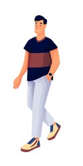 Young man walking. Happy smiling guy in jeans, t-shirt, shoes and watch, with hand in pocket. Modern lifestyle fashion vector illustration. Male person isolated on white background