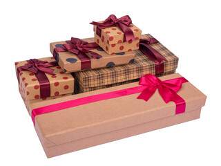 different gift boxes in random position on white background