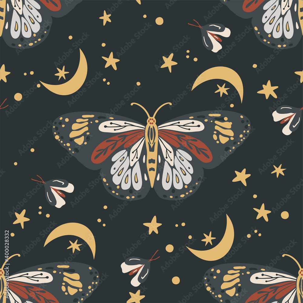 Wall mural boho butterfly vector pattern. moth seamless bohemian background. celestial art with moon and star.