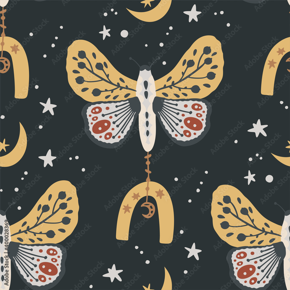 Wall mural boho butterfly vector pattern. moth seamless bohemian background. celestial art with moon and star.