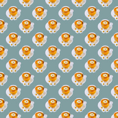 Seamless minimalistic pattern of cups with chamomile tea on a blue background. Photo collage. Pop Art. Postcard. Printing on fabric. Wrapping.