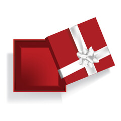 Gift box with bow and open lid. Realistic 3d vector image