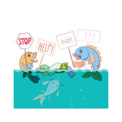 Fish protesting against environmental pollution, garbage in the ocean, plastic bottles on the surface of the sea. vector illustration of cartoon fish characters with transports.