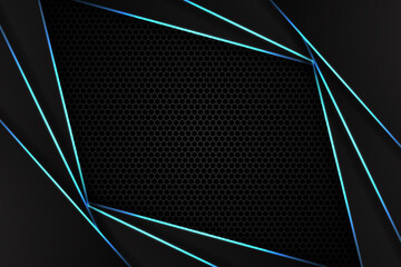 Abstract carbon fiber hexagon background with blue glowing lines and highlights. Futuristic luxury modern technology background.