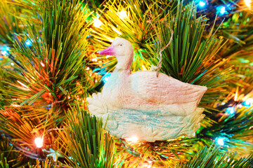 Vintage Christmas ornament. Antiques DRESDEN Cardboard. Duck in the pond