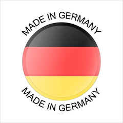 Obraz premium Made in Germany 3d button. Round label with German flag. High quality product mark. Glossy sticker. Round icon. Badge. Product of Germany. Manufactured in Europe.