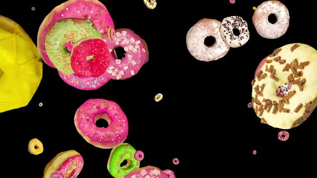 Flying many colorful donuts on a black background. Donut cake, Sweets, Dessert. donut rotation animation. Loop animation. Food shop presentation, blank, blank, splash screen