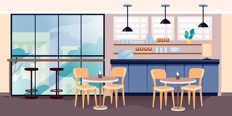 Modern cafe interior design. Empty cosy cafeteria with coffee and tea illustration. Counter with menu, shelves with cups and plates, tables with chairs, window outdoor view