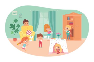 Little kids playing hide and seek in living room. Playing game with friends at home vector illustration. Boy counting, girls and boys hiding under table, in wardrobe, behind armchair and curtain