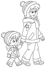 Young mom and her little daughter friendly talking and walking together hand in hand on a winter stroll, black and white outline vector cartoon illustration for a coloring book page