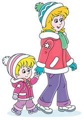 Young mom and her little daughter friendly talking and walking together hand in hand on a winter stroll, vector cartoon illustration isolated on a white background