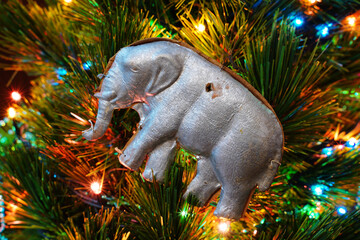 Silver elephant. Vintage Christmas ornament. Antiques DRESDEN Cardboard.