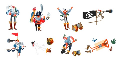 Pirate characters and objects set. Captain with parrot, sailor with bottle, monkey, boy with spyglass, digging gold, skeleton. Adventure and marine piracy vector illustration