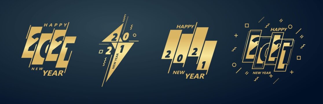 Set 2021 Happy New Year logo text stripes and lines gold color