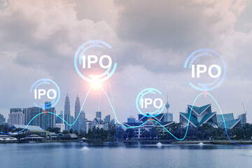 Fototapeta na wymiar IPO icon hologram over panorama city view of Kuala Lumpur. KL is the hub of initial public offering in Malaysia, Asia. The concept of exceeding business opportunities. Double exposure.