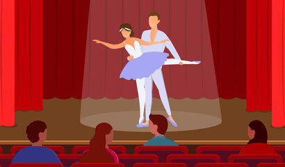 Young male and female ballet dancers performing on stage. Ballerina with partner. Concept of beautiful and artistic ballet performance with spectators watching. Flat cartoon vector illustration © Rudzhan