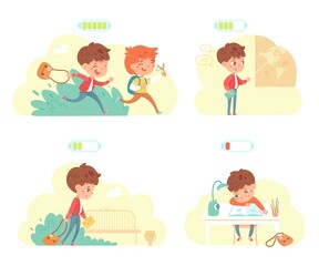Routine of kid in school with battery indicator set. Daily energy level of little boy vector illustration. Active children running, studying, going home exhausted, homework on low charge