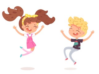 Smiling girl and boy jumping for joy and hands up. Cute children, isolated persons on white background. Vector character illustration of kids gestures, emotions, types of moods.