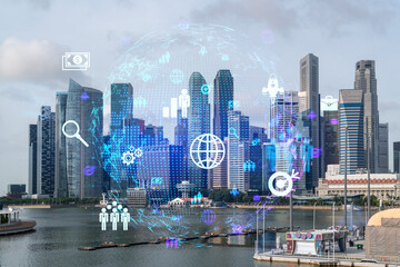 Social media icons hologram over panorama city view of Singapore, Asia. The concept of people networking and connections. Double exposure.