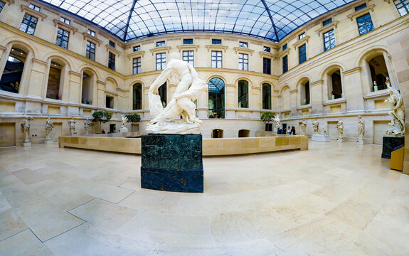 Paris, France - 06 May, 2017: Panorama of Sculpture hall of the Louvre museum, Paris, France