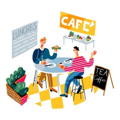 Business people having lunch in break. Office meeting with food and coffee in canteen or cafe. Corporate workers eating and discussing tasks, teamwork vector illustration