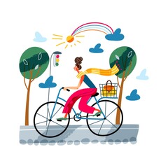 Girl on commute to work by bike. Daily routine of young woman schedule vector illustration. Female cycling on street with trees, sky with sun and clouds in background. Healthy lifestyle