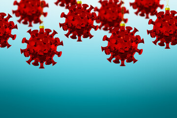 Christmas ornaments in the form of coronaviruses on a blue background. Christmas during a pandemic. 3d illustration.