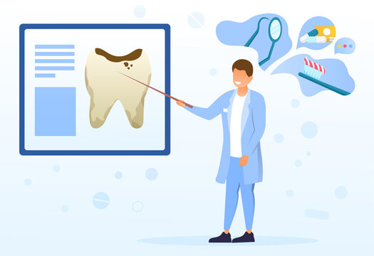 Male dentist showing caries. Affected mockup tooth on poster. Doctor giving recommendations on dental caries or tooth decay prevention. Concept of teeth hygiene. Flat cartoon vector illustration