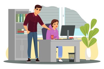 Woman working on computer, man standing in office. Young girl sitting at table with monitor, keyboard and books, coworker helping. Professional workplace vector illustration
